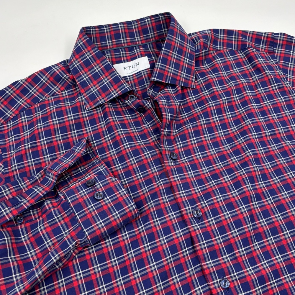 Eton Men's 41/16 Contemporary Blue Red Cotton Long Sleeve Dress Shirt